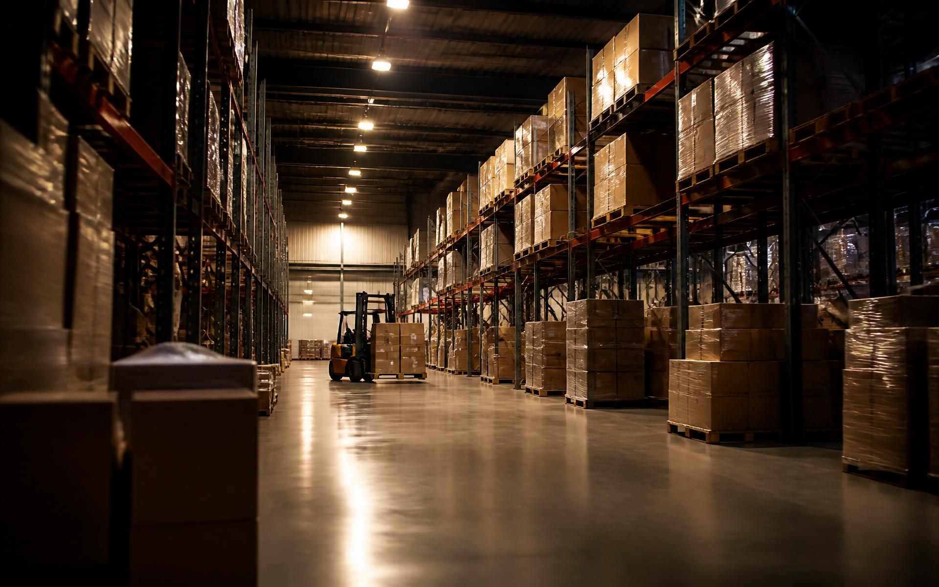 Modern distribution warehouse with pallet racking and forklift